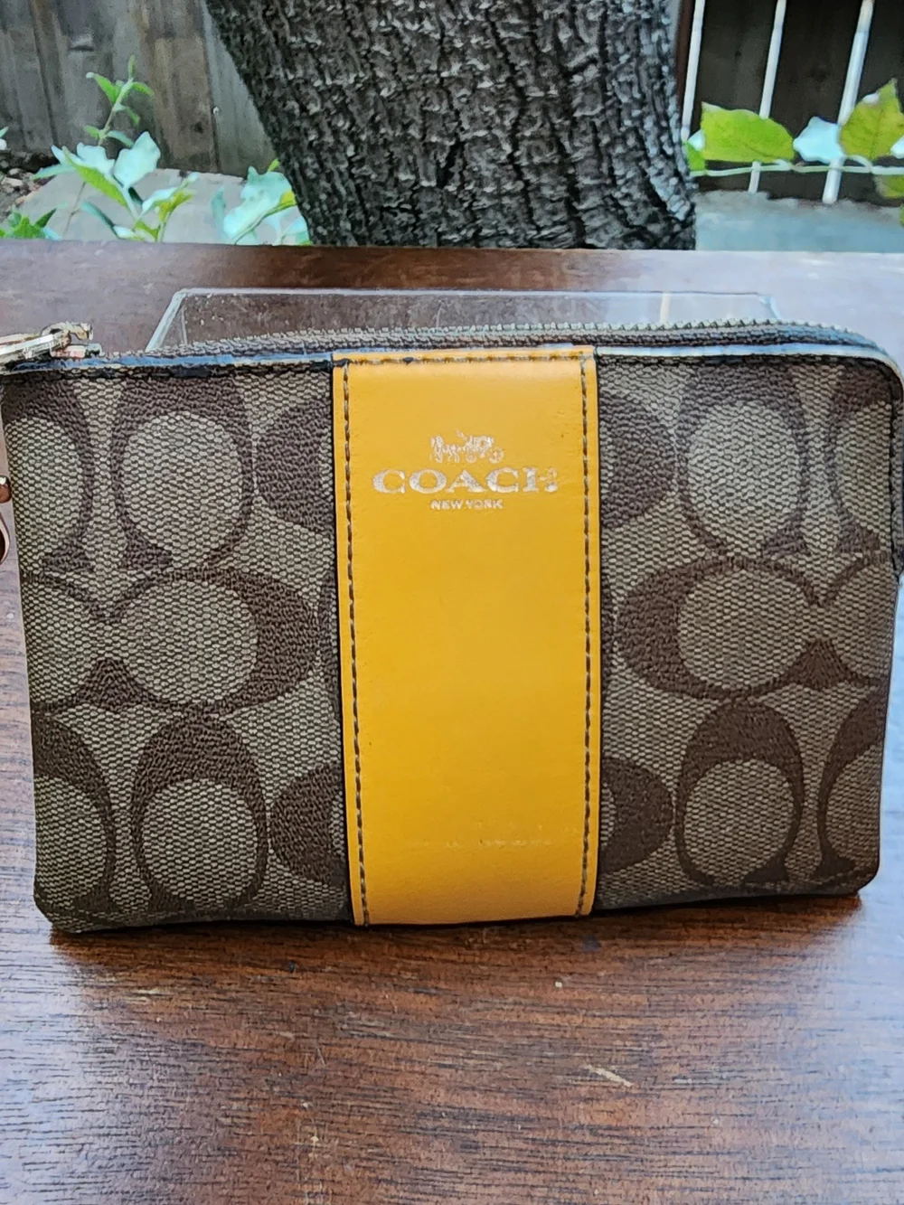 COACH Corner Zip Wristlet Signature Canvas Yellow Varsity Stripe Wallet Pouch